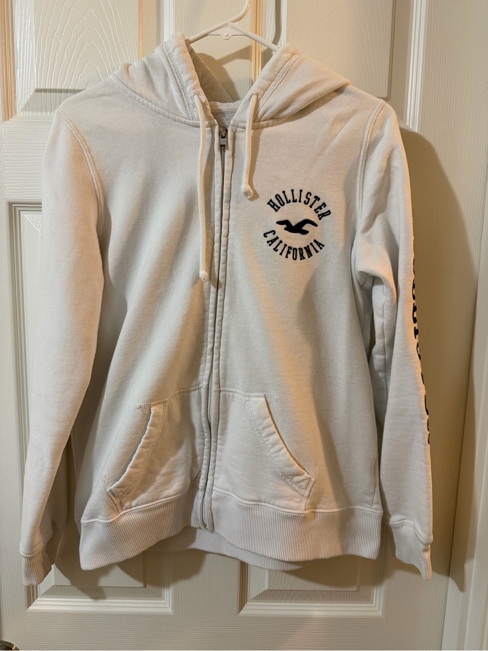 Hollister White Full-Zip Hoodie with Navy Logo